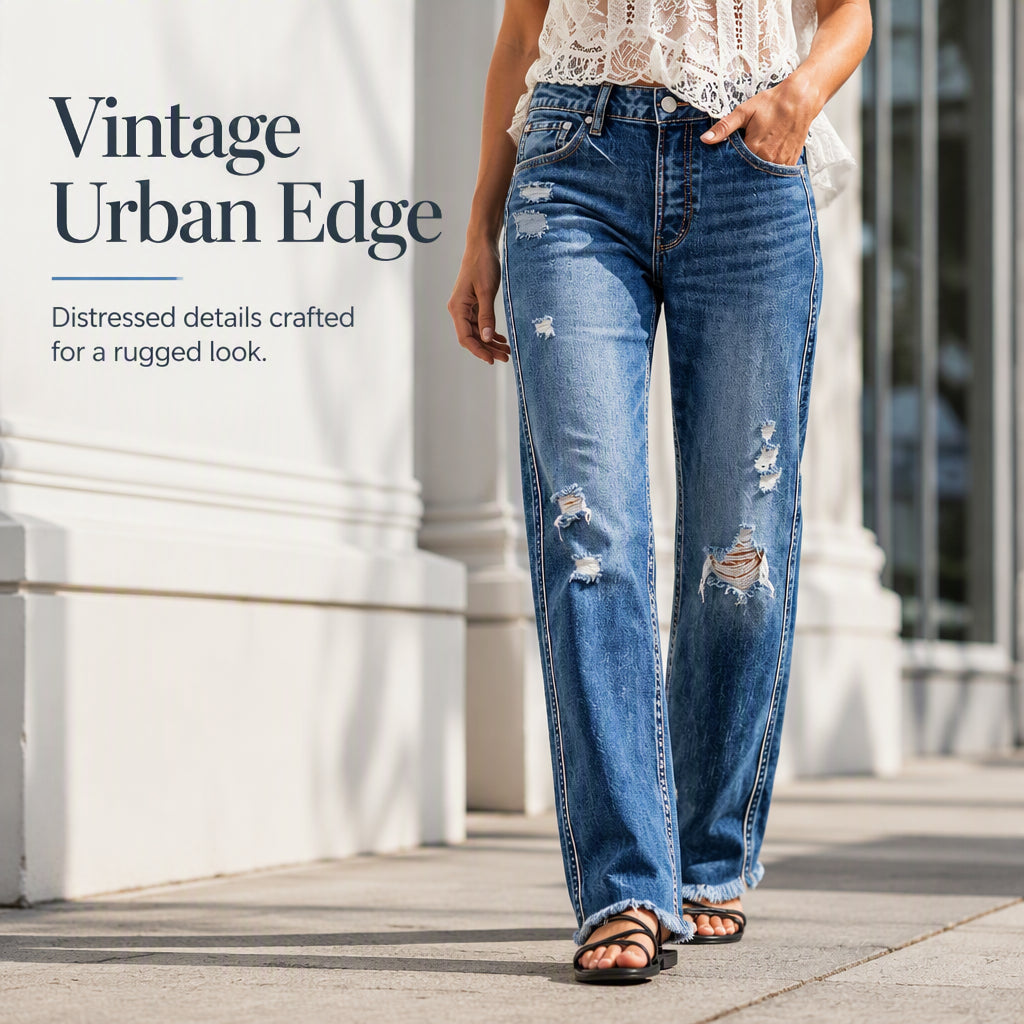 ✨ Timeless Denim Comfort | Women's Distressed Straight-Leg Jeans