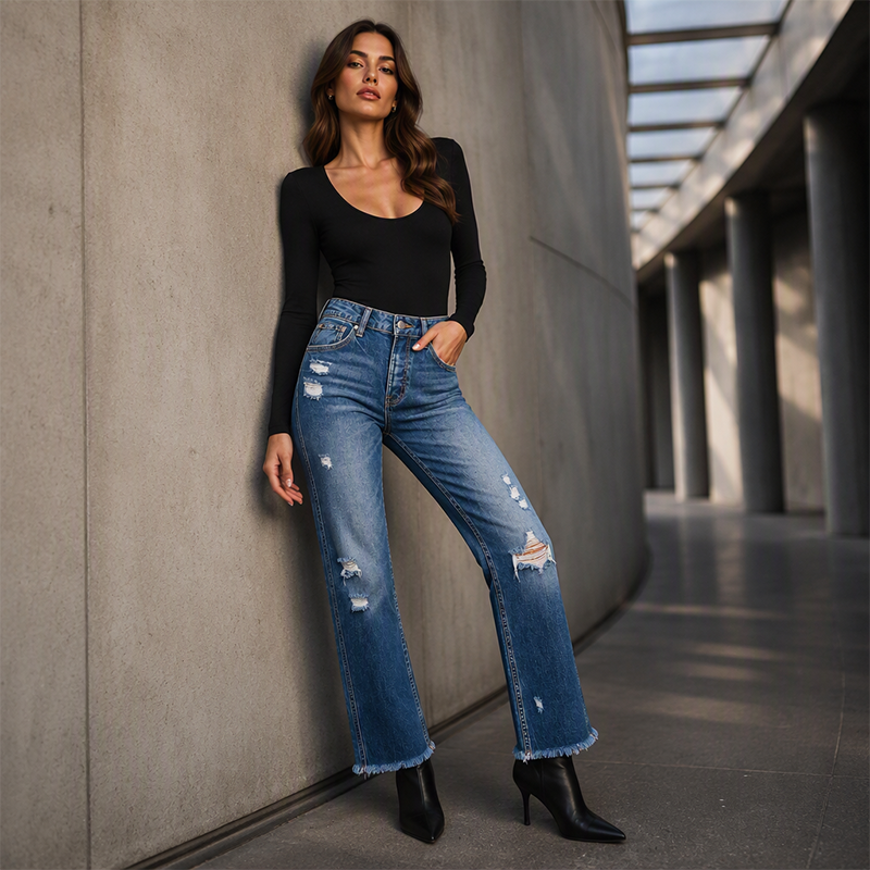 ✨ Timeless Denim Comfort | Women's Distressed Straight-Leg Jeans