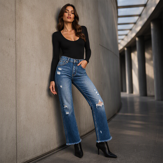 ✨ Timeless Denim Comfort | Women's Distressed Straight-Leg Jeans