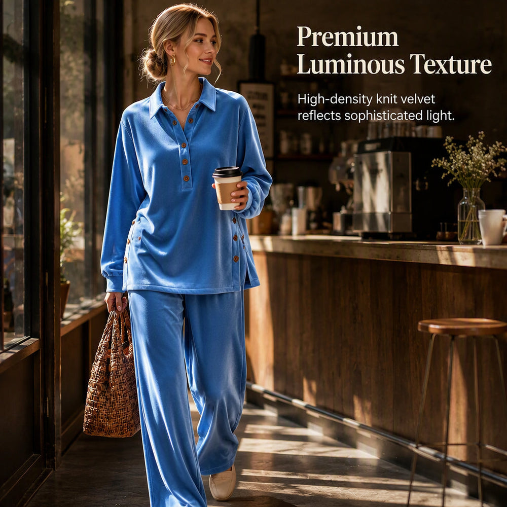 Women's Velvet Long Sleeve Shirt & Wide Leg Pants Set