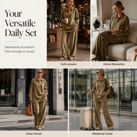 Women's Velvet Long Sleeve Shirt & Wide Leg Pants Set