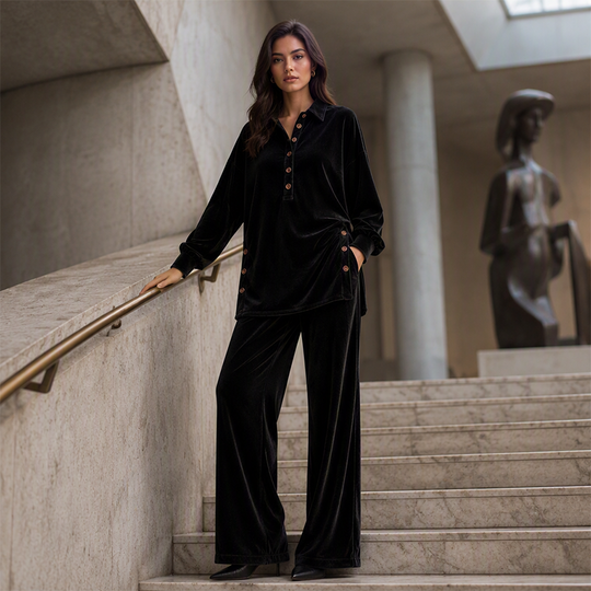 Women's Velvet Long Sleeve Shirt & Wide Leg Pants Set