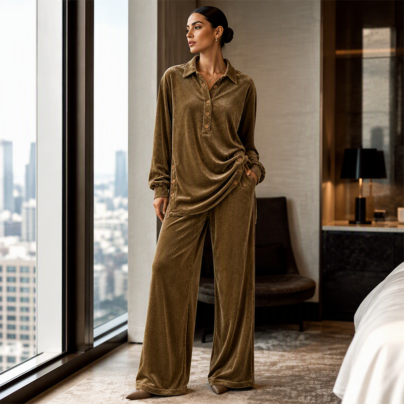 Women's Velvet Long Sleeve Shirt & Wide Leg Pants Set