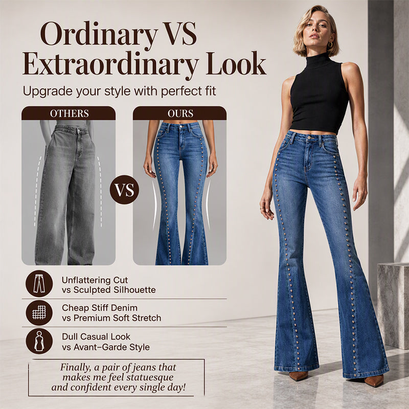 Women's High-Waist Flare Jeans with Rivets