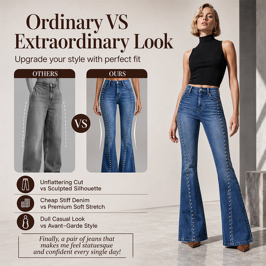 Women's High-Waist Flare Jeans with Rivets