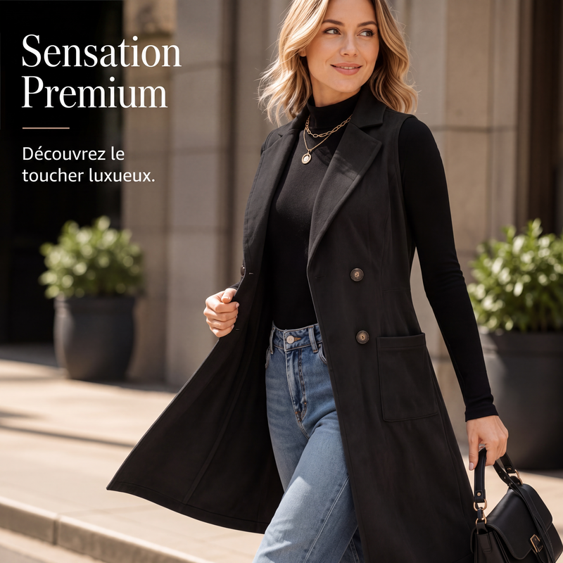Gilet long boutonné pour femmes avec poches