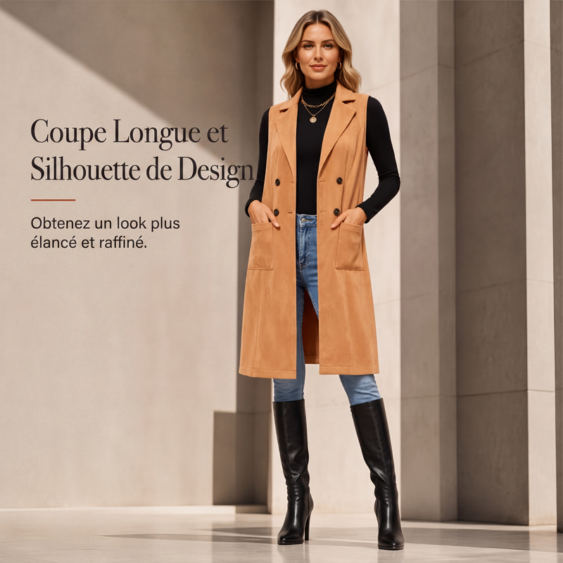 Gilet long boutonné pour femmes avec poches