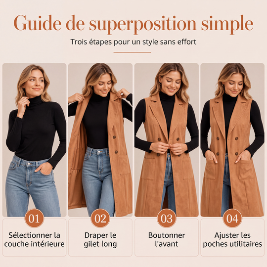 Gilet long boutonné pour femmes avec poches