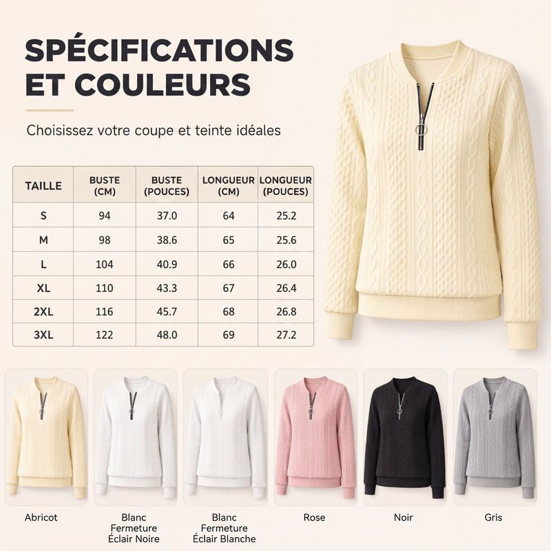 Pull en maille torsadée à demi-zip pour femme