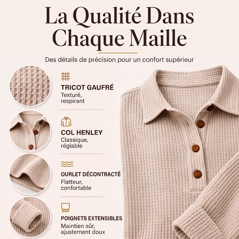 🌙 OFFRE LIMITÉE -50% ! 💕 Haut Henley à manches longues en tricot gaufré pour femme