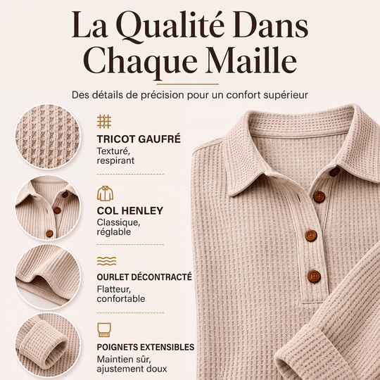 🌙 OFFRE LIMITÉE -50% ! 💕 Haut Henley à manches longues en tricot gaufré pour femme