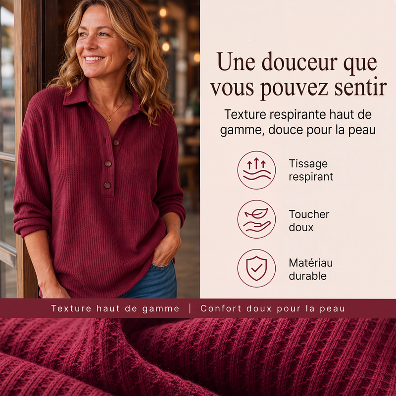 🌙 OFFRE LIMITÉE -50% ! 💕 Haut Henley à manches longues en tricot gaufré pour femme