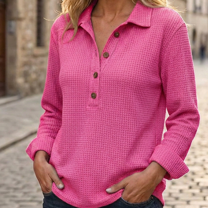 🌙 OFFRE LIMITÉE -50% ! 💕 Haut Henley à manches longues en tricot gaufré pour femme