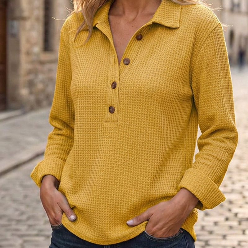 🌙 OFFRE LIMITÉE -50% ! 💕 Haut Henley à manches longues en tricot gaufré pour femme