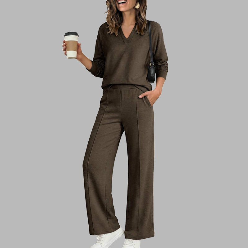 🌸 OFFRE LIMITÉE –50% ! ✨ Ensemble décontracté pour femme : haut à col V et pantalon à jambes larges