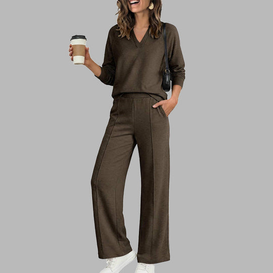 🌸 OFFRE LIMITÉE –50% ! ✨ Ensemble décontracté pour femme : haut à col V et pantalon à jambes larges