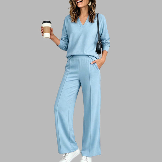 🌸 OFFRE LIMITÉE –50% ! ✨ Ensemble décontracté pour femme : haut à col V et pantalon à jambes larges