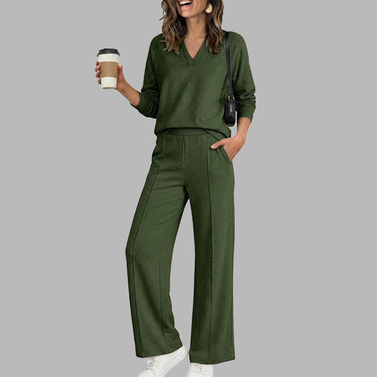 🌸 OFFRE LIMITÉE –50% ! ✨ Ensemble décontracté pour femme : haut à col V et pantalon à jambes larges