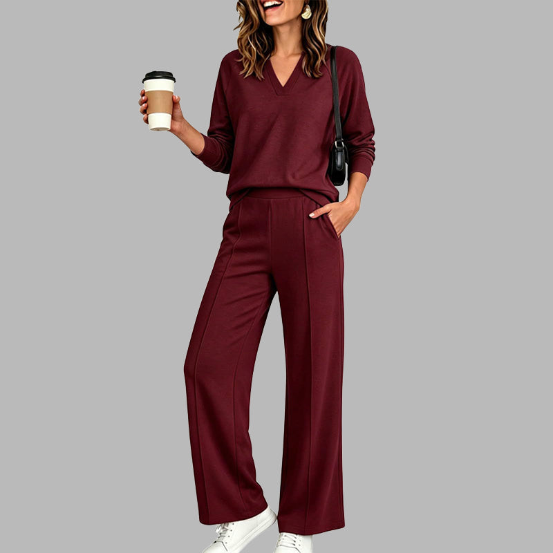 🌸 OFFRE LIMITÉE –50% ! ✨ Ensemble décontracté pour femme : haut à col V et pantalon à jambes larges