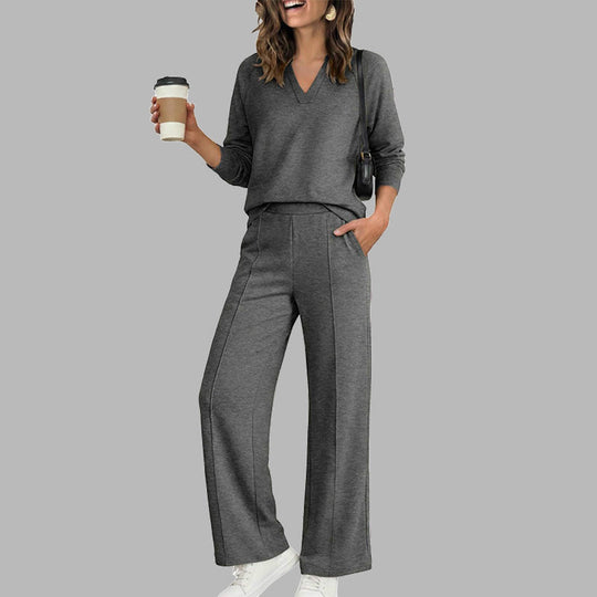 🌸 OFFRE LIMITÉE –50% ! ✨ Ensemble décontracté pour femme : haut à col V et pantalon à jambes larges