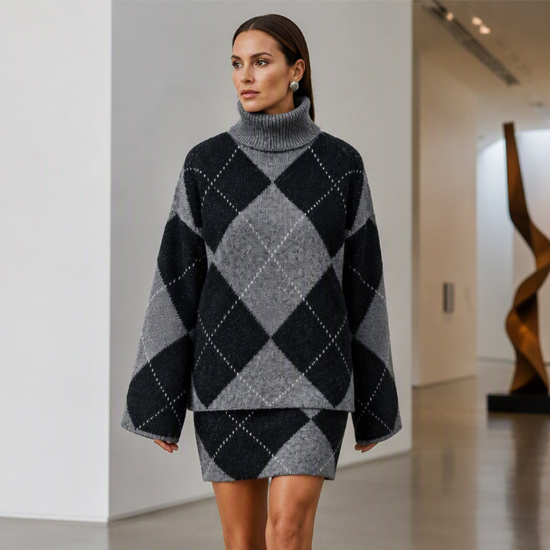 Ensemble pull en maille argyle et jupe pour femme