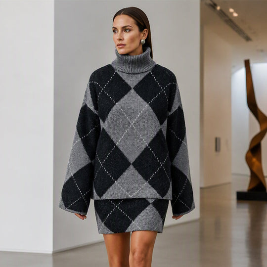 Ensemble pull en maille argyle et jupe pour femme