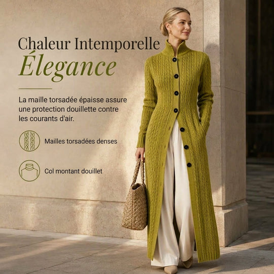 Manteau pull long cardigan long à col roulé et tricot torsadé pour femme