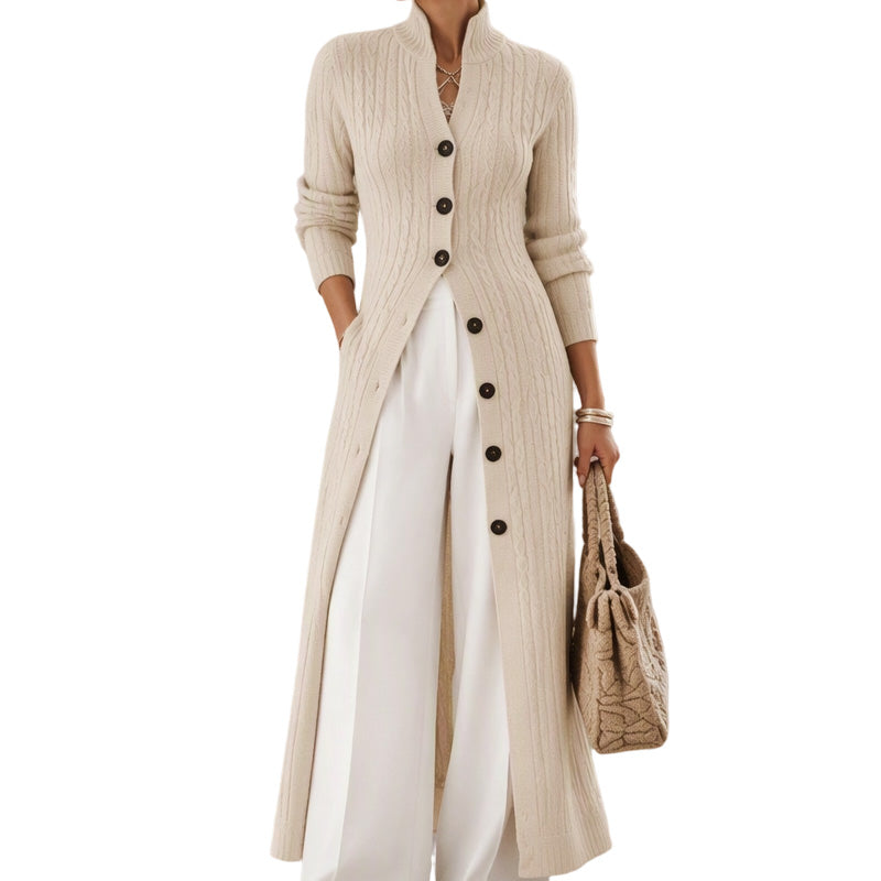 Manteau pull long cardigan long à col roulé et tricot torsadé pour femme