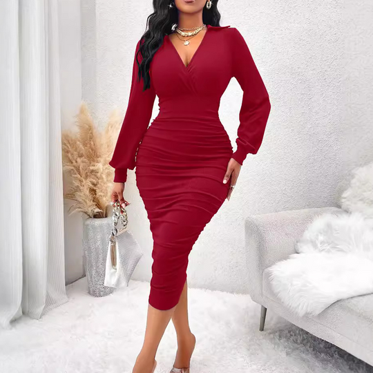 Robe moulante à col V, manches lanternes et fronces pour femme