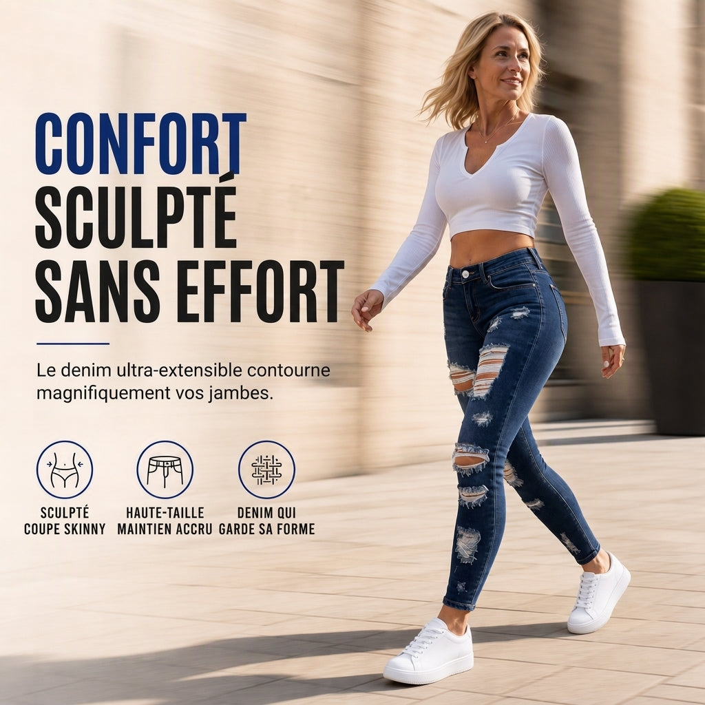 Jean skinny taille haute déchiré pour femme, pantalon en denim stretch délavé