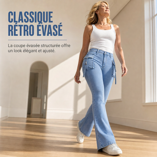 🔥 -50 % | 👖 Jean Cargo Flare Femme – Taille Haute, Stretch & Silhouette Allongée