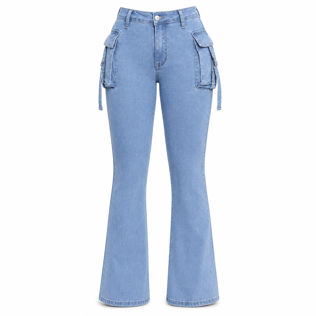 🔥 -50 % | 👖 Jean Cargo Flare Femme – Taille Haute, Stretch & Silhouette Allongée