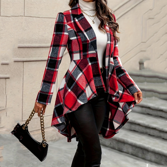 Manteau peplum à carreaux pour femme, coupe asymétrique haut-bas