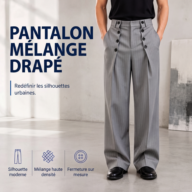 Pantalon drapé élégant à double boutonnage et taille haute pour homme