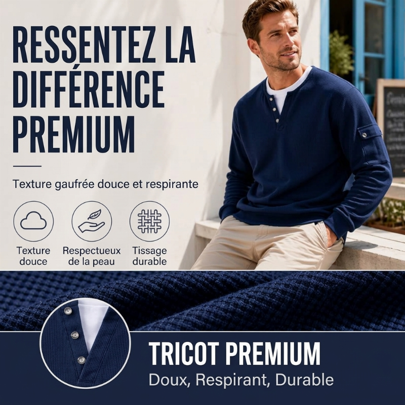 Haut Henley factice deux pièces en maille gaufrée pour homme