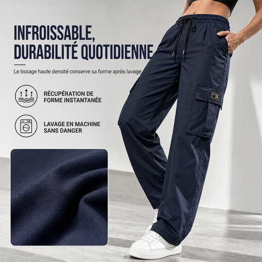 Pantalon cargo femme coupe droite décontractée avec taille élastique à cordon de serrage et poches utilitaires latérales