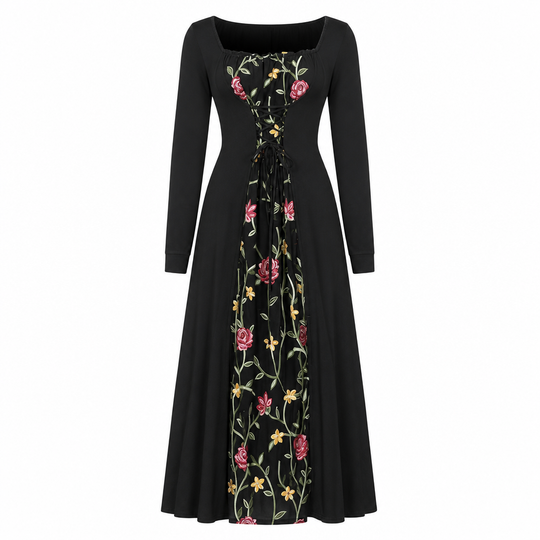 Robe longue corset noire à manches longues, col carré et lacets, avec panneau en maille brodé de fleurs