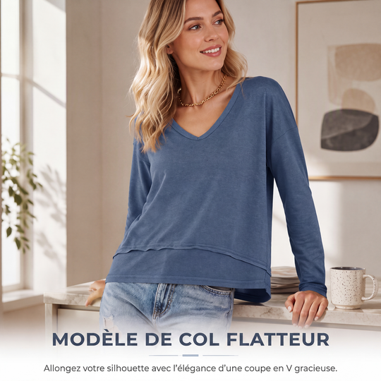 Haut féminin à col V, ample et à manches longues