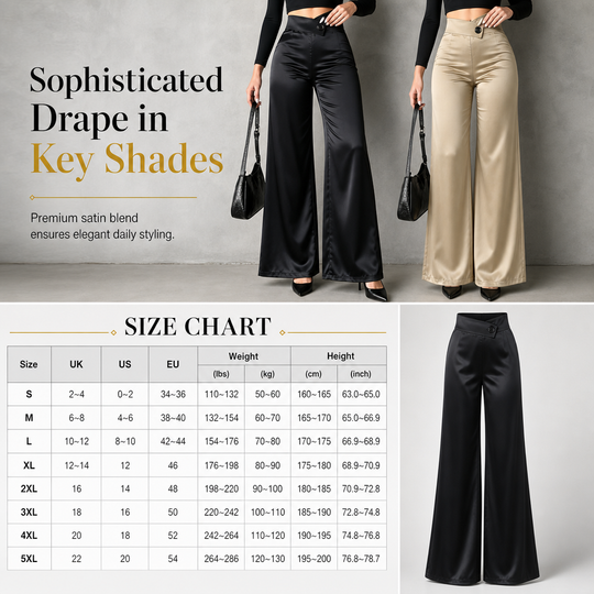 Pantalon élégant en satin à taille haute et jambes larges, avec une taille asymétrique