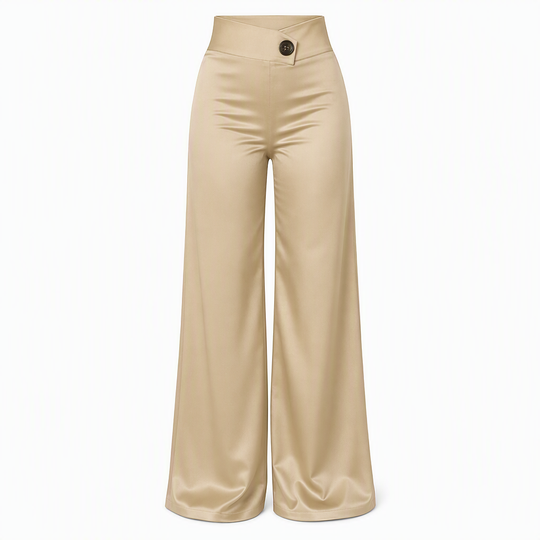 Pantalon élégant en satin à taille haute et jambes larges, avec une taille asymétrique