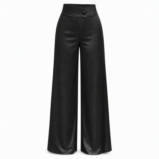 Pantalon élégant en satin à taille haute et jambes larges, avec une taille asymétrique