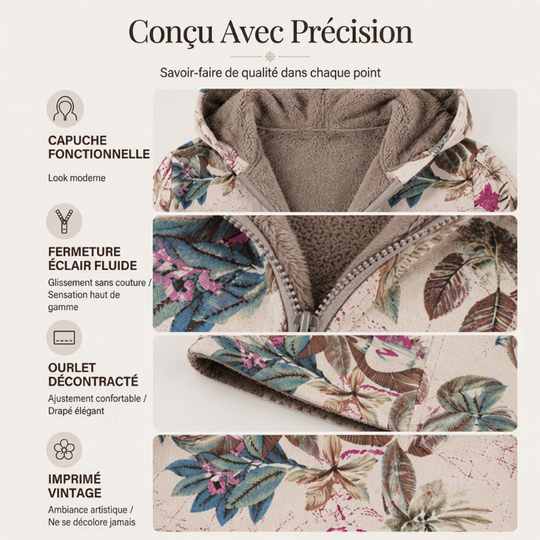 Manteau à capuche pour femme avec imprimé feuille vintage