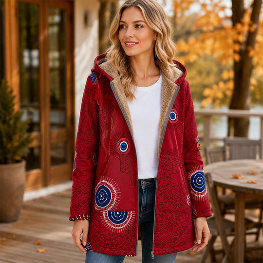 Manteau à capuche pour femme avec imprimé feuille vintage