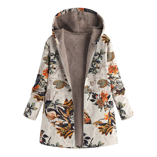 Manteau à capuche pour femme avec imprimé feuille vintage