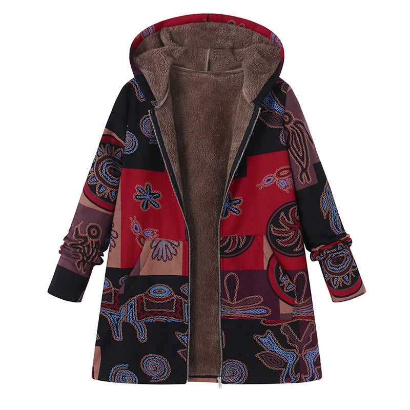 Manteau à capuche pour femme avec imprimé feuille vintage
