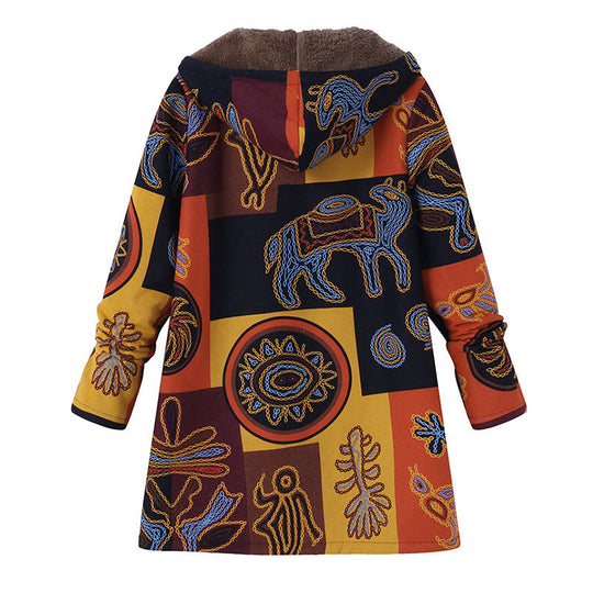 Manteau à capuche pour femme avec imprimé feuille vintage