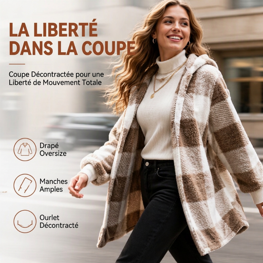 Cardigan à capuche oversize à carreaux et blocs de couleurs pour femme