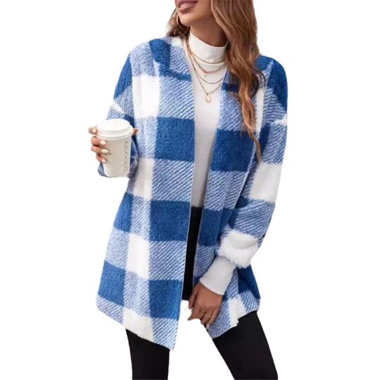 Cardigan à capuche oversize à carreaux et blocs de couleurs pour femme