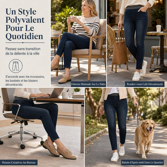 Jean en denim délavé foncé pour femme, coupe slim, taille haute, enfilage facile avec large ceinture élastique