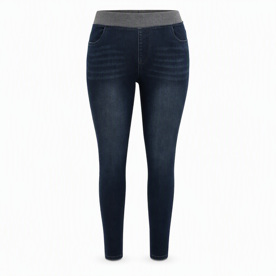 Jean en denim délavé foncé pour femme, coupe slim, taille haute, enfilage facile avec large ceinture élastique